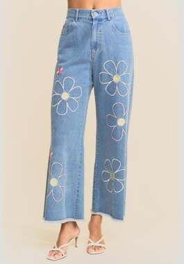 Davi & Dani Blue Floral Embroidered Wide Leg Jeans L - Garden Chic